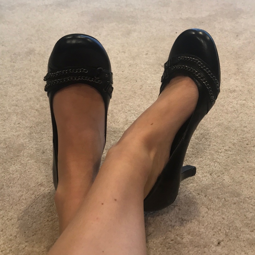 2 in black heels with buckle design